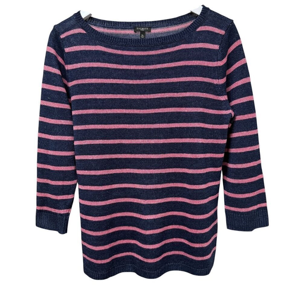 TALBOTS Linen Sweater Navy Pink Stripe 3/4 Sleeve Medium Petite Preppy Nautical